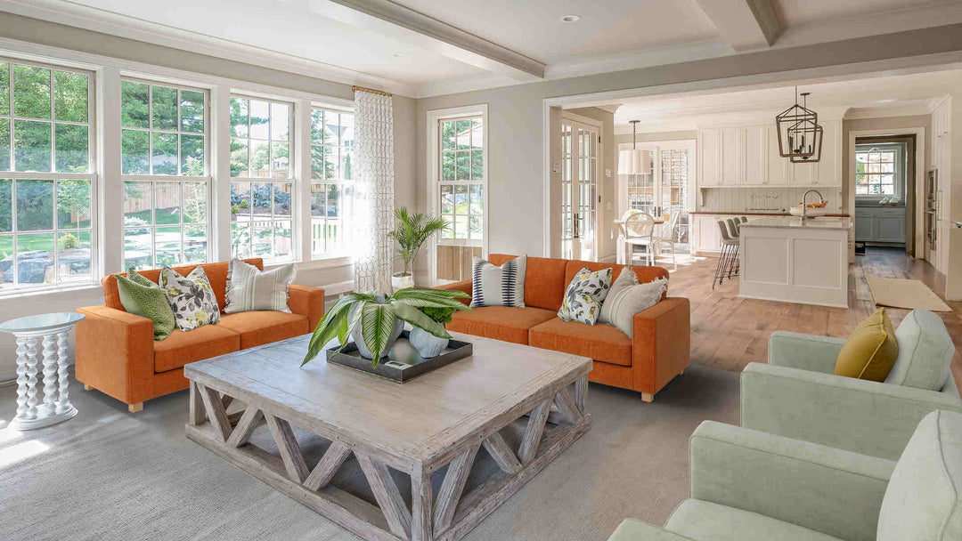 Rustic living room with Muji Sofa 2002 sofa in Comfort Chenille Burnt Orange and Performance Weave Stone slipcover