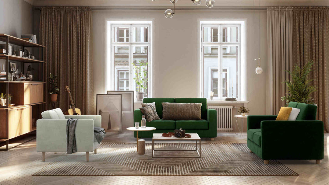 Scandinavian living room with Muji Sofa 1996 in Classic Velvet Forest Green and Performance Weave Stone slipcover