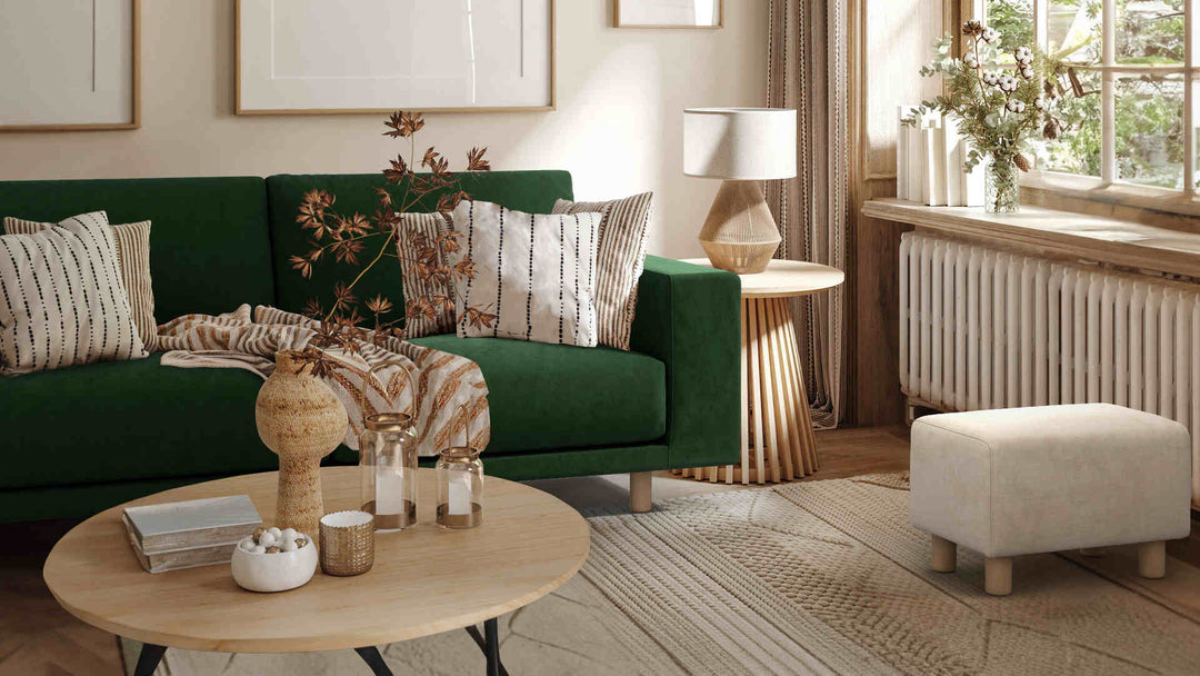 Nordic Minimalist living room with Muji Polyurethane Ottoman sofa in Classic Velvet Forest Green and Performance Weave Cream slipcover