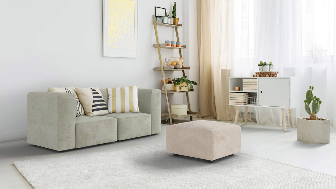 Scandinavian living room with Muji Unit Sofa in Performance Weave Stone and Performance Weave Cream slipcover