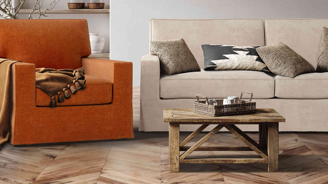 Rustic living room with Pottery Barn Comfort Square Arm sofa in Performance Weave Cream and Comfort Chenille Burnt Orange slipcover