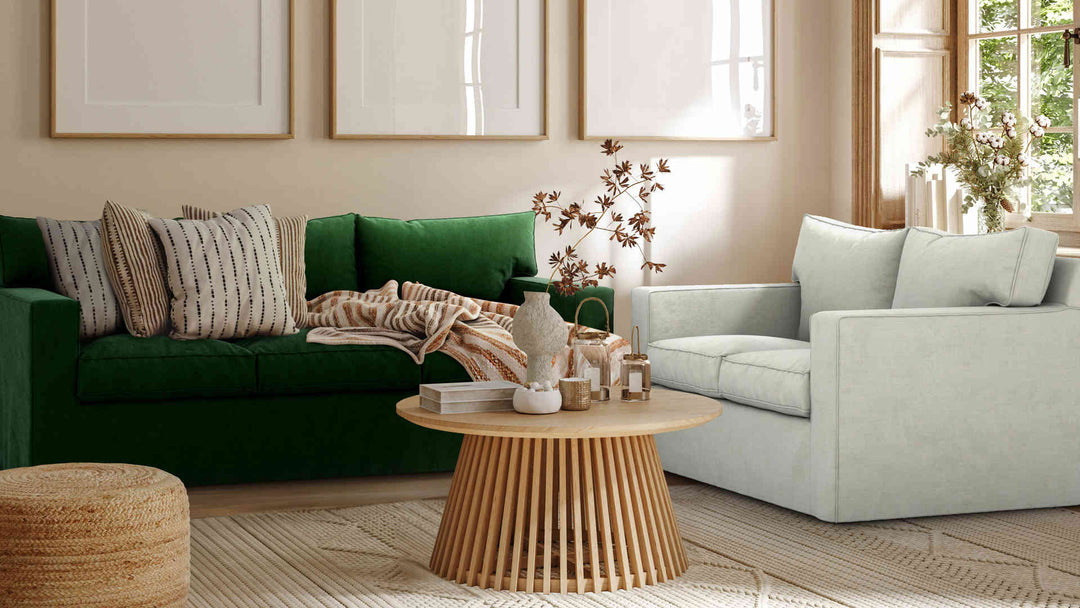 Nordic Minimalist living room with Pottery Barn PB Square sofa in Performance Weave Stone and Classic Velvet Forest Green slipcover