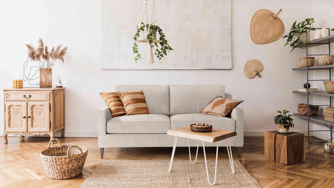Scandinavian living room with West Elm Paidge sofa in Performance Weave Cream fabric slipcover