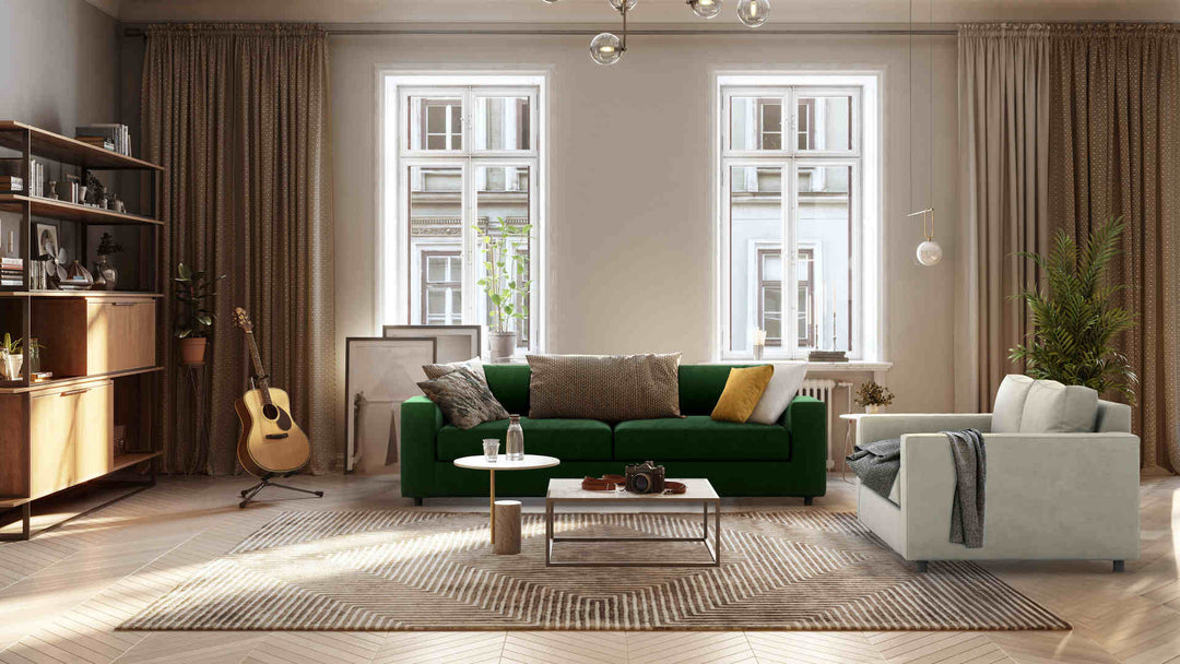 Scandinavian living room with West Elm Urban sofa in Classic Velvet Forest Green and Performance Weave Stone slipcover