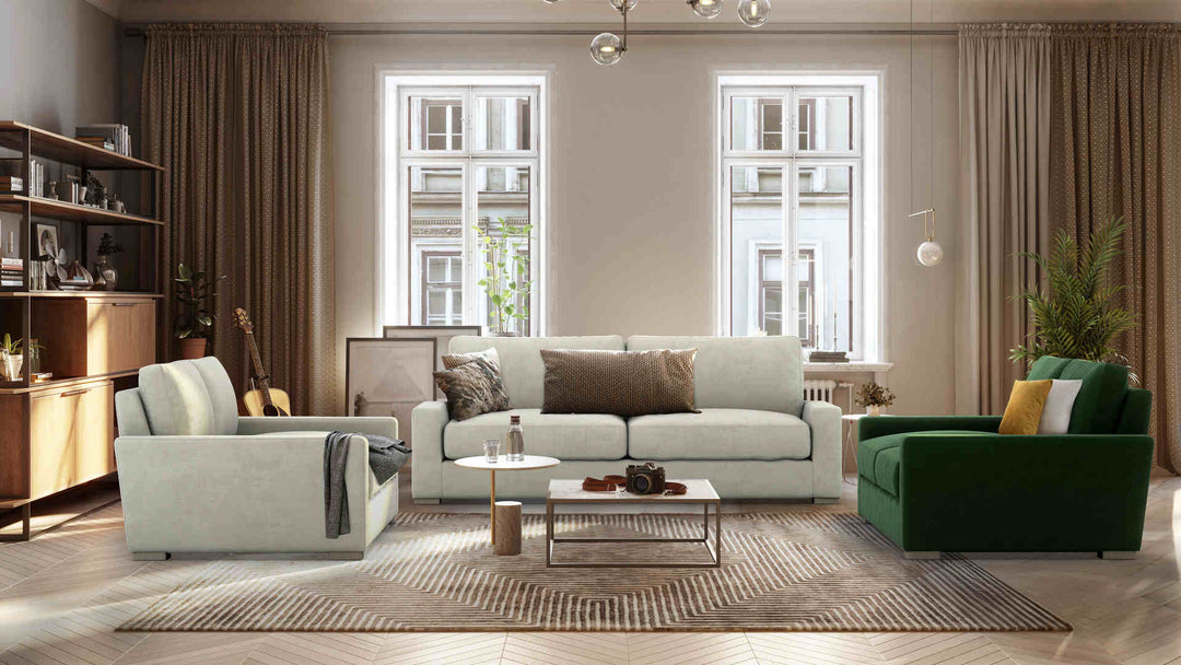 Scandinavian living room with Restoration Hardware Maxwell sofa in Classic Velvet Forest Green and Performance Weave Stone slipcover