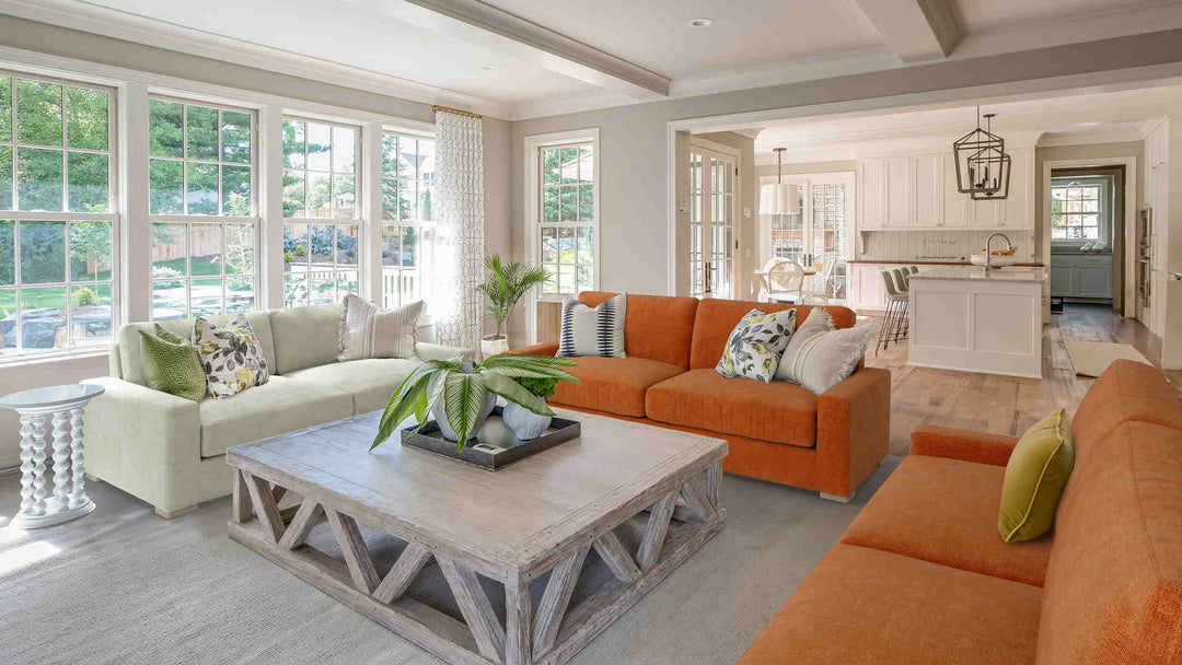 Rustic living room with Restoration Hardware Maxwell sofa in Comfort Chenille Burnt Orange and Performance Weave Stone slipcover