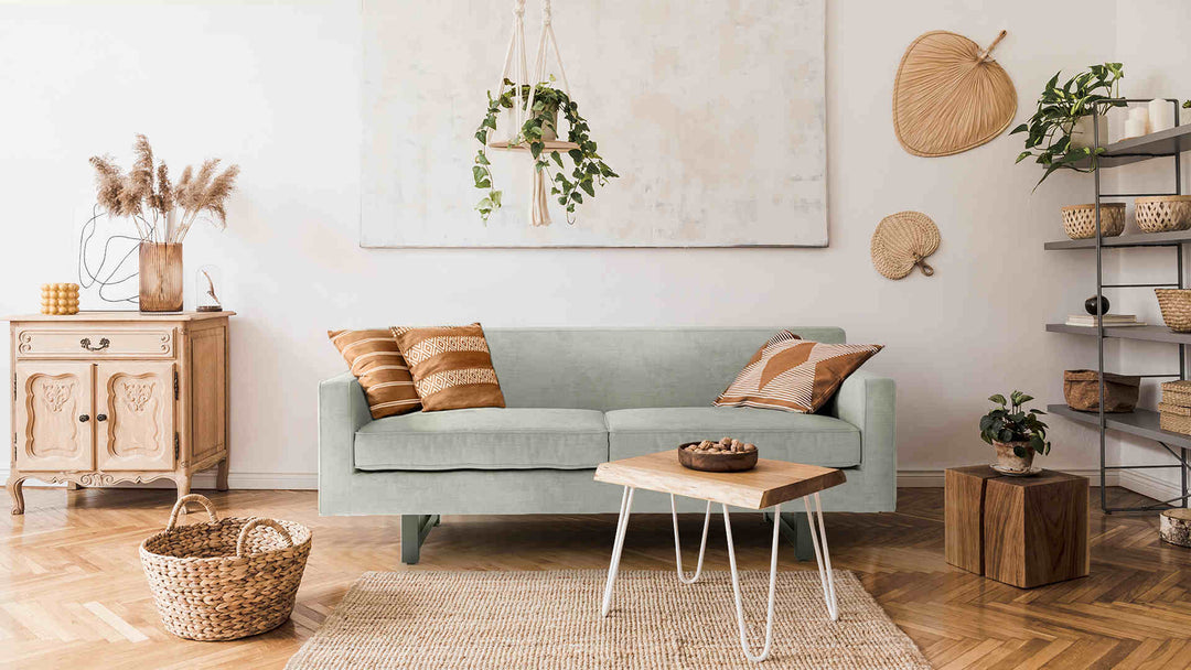 Scandinavian living room with Room and Board Andre sofa in Performance Weave Stone slipcover