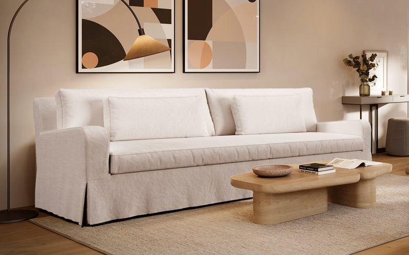 Custom made Everyday Linen cream sofa cover for Restoration Hardware Belgian sofa in a cozy living room