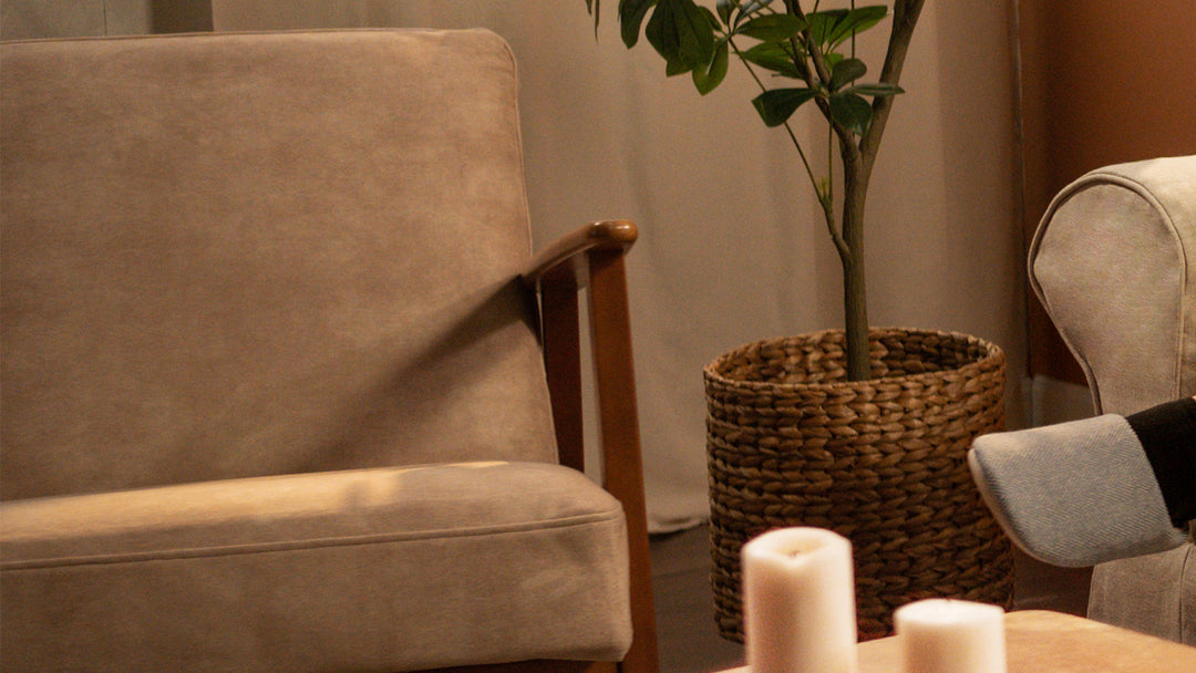 Close-up of IKEA EKENASET Armchair with Signature Velvet Sand slipcover