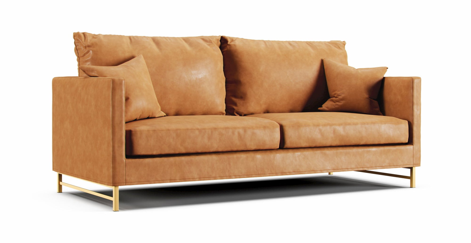 Smooth light brown synthetic leather Savannah Saddle slipcover on Arhaus Hayden sofa