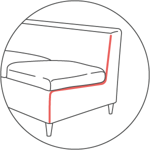 An outline illustration showing piping style along an armless sofa, highlighted in red