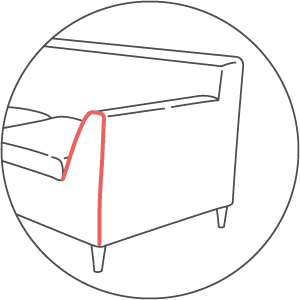 An outline illustration showing piping style along the front of a wedge arm, highlighted in red