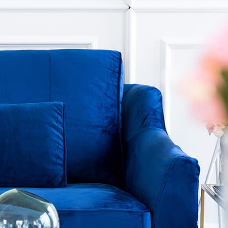 Close-up of IKEA FARLOV three-seater sofa couch piping with Classic Velvet Cobalt slipcover