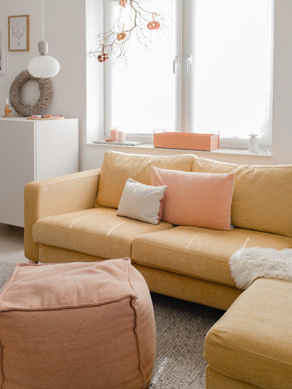 Close-up of IKEA KARLSTAD with Performance Weave Amber slipcover
