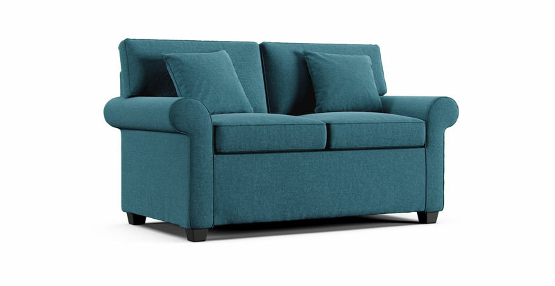 Ethan Allen Bennet roll arm sofa with stain and liquid-resistant teal Performance Weave slipcover