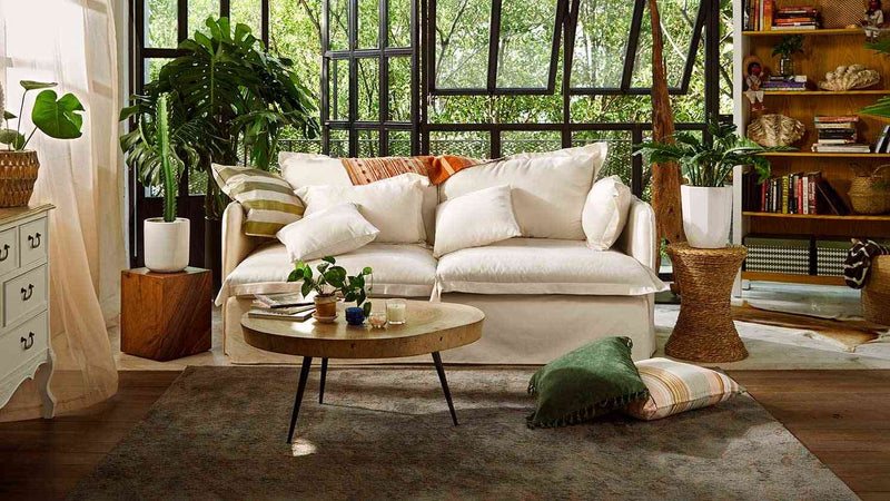 IKEA Soderhamn 3-seater sofa in a Scandinavian living room, featuring a soft and durable Everyday Linen cream sofa cover