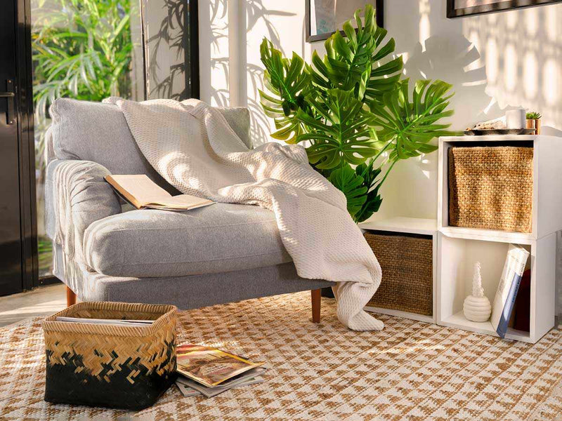 IKEA STOCKSUND armchair with sustainable Eco Chenille Pebble slipcover in a modern living room