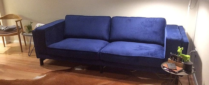 Customer photo: IKEA NOCKEBY three-seater sofa couch with Cobalt Classic Velvet slipcover in a minimalist living room