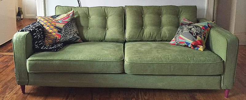 Customer photo: Custom sofa couch with Textured Weave Basil Green slipcover and custom turfing kit applied