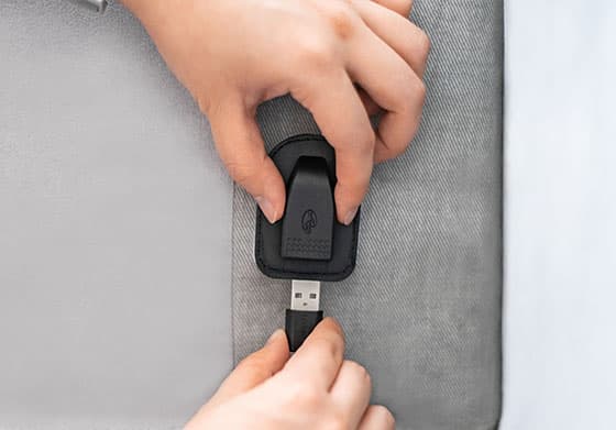 Close-up of the USB port on the smart sofa accessories slipcover (Alternate angle)