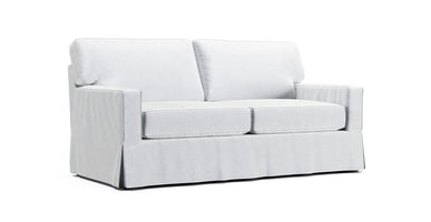 Boxed Seats Long Skirt Square Arm Loveseat with perfect fit premium custom made white Cotton Canvas slipcover