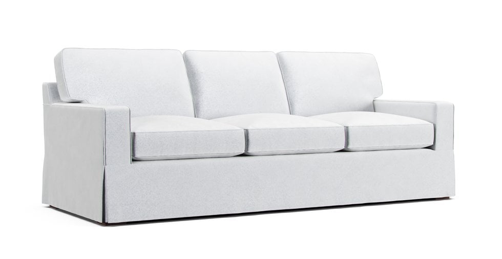 Boxed Seat Long Skirt Square Arm Sofa with perfect fit premium custom made white Cotton Canvas slipcover