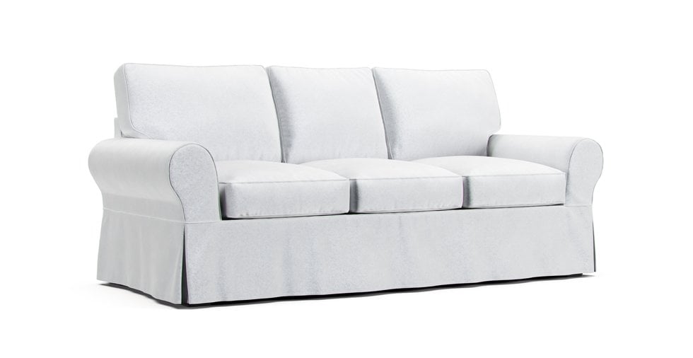 Boxed Seats Long Skirt Round Arm Sofa with perfect fit premium custom made white Cotton Canvas slipcover